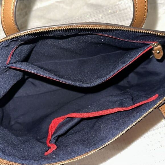 TH Ivory Coral Pink Brown Canvas Stripe Faux Leather Trim Medium Tote Handbag - Picture 7 of 15